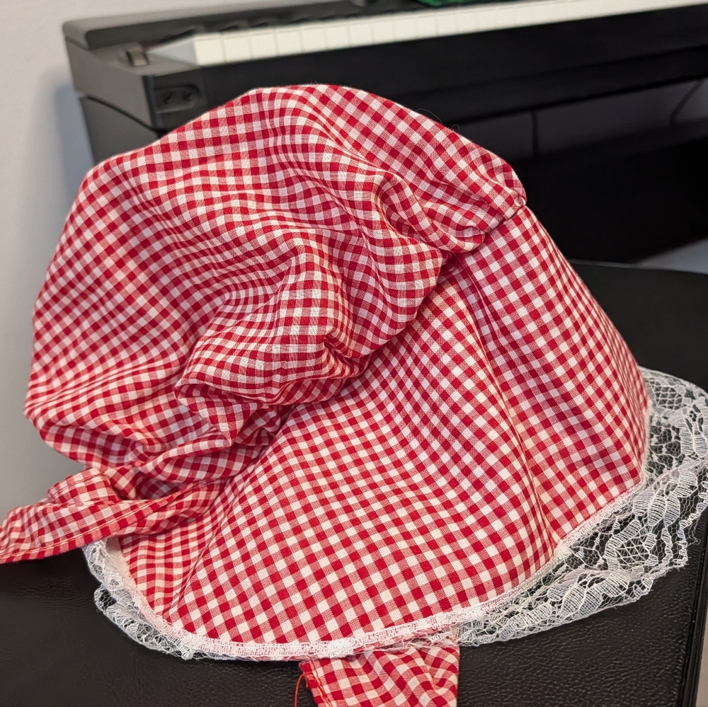 JHats Red Gingham Prairie Bonnet w/‎ Lace Trim – Vintage Farmhouse Cottagecore
